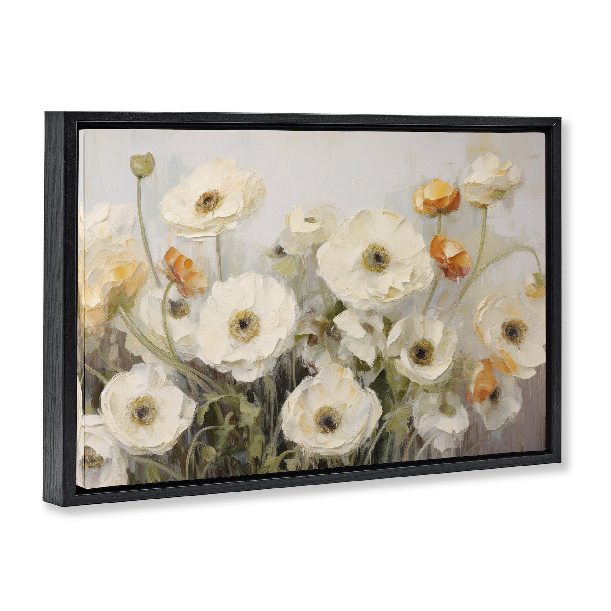 Stupell Industries White Ranunculus Blooms Plants & Flowers Painting Black Floater Framed Canvas Art Print Wall Art, 25 x 17