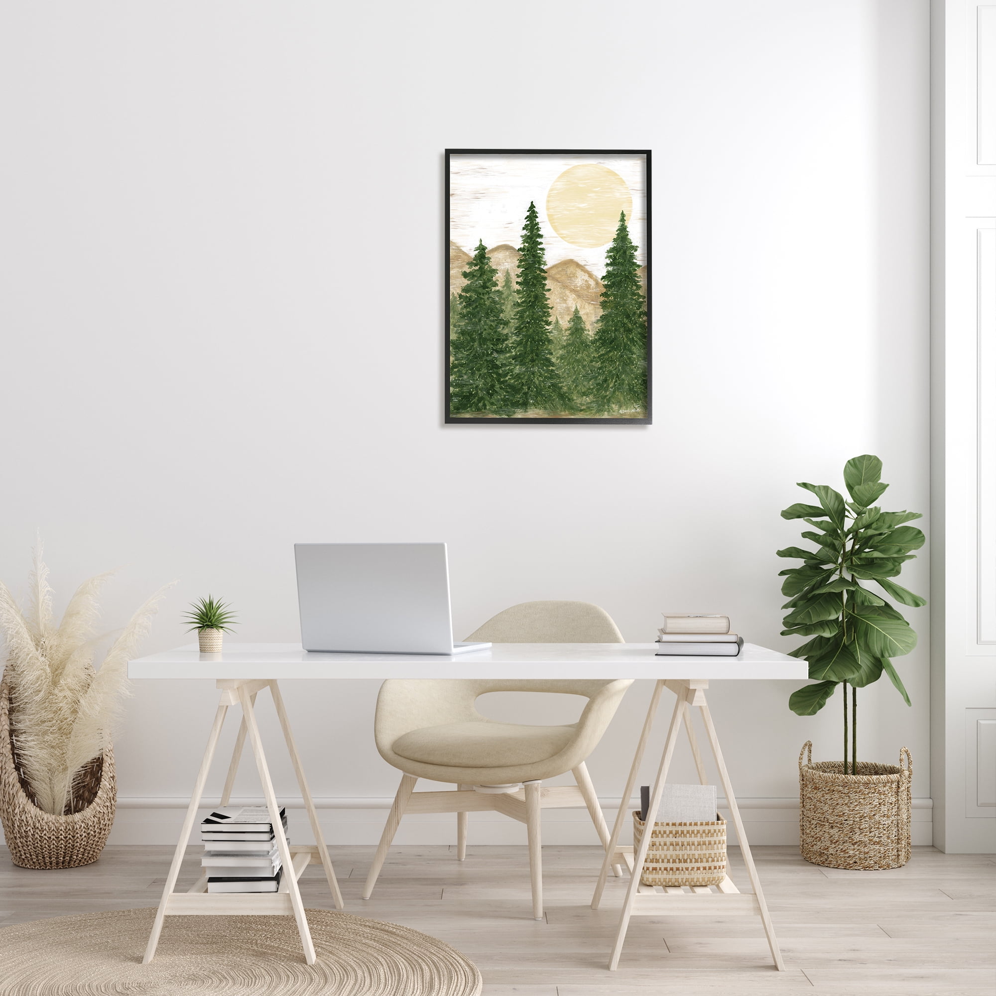 Stupell Rustic Mountain Sun Forest Trees Landscape Painting Black Framed Art Print Wall Art