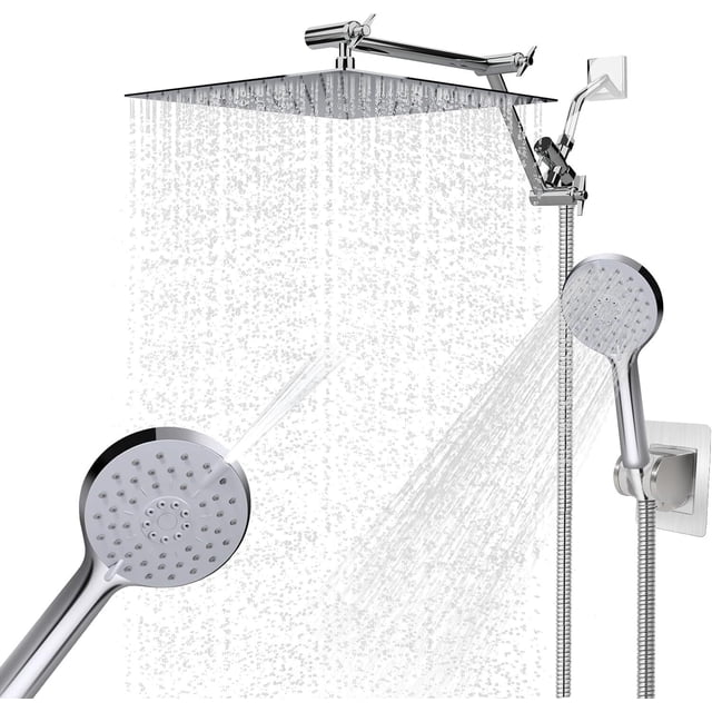 Regaderas para Baño Altura Regulable,Set de 12'' Cabeza de Ducha de Lluvia de Alta Presion y 4+1 Modos Regadera de Mano,Alcachofa Acero Inoxidable con 2 Brazos Extensibles Ajustables de 6'' Y Manguera