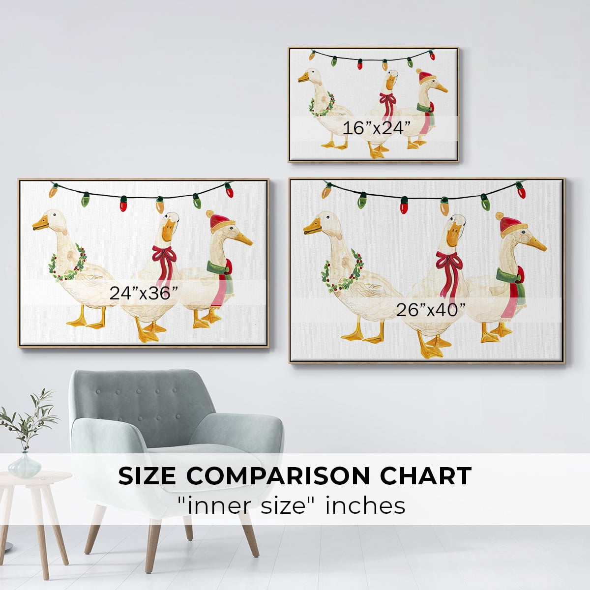 Merry Quackmas Collection A - Framed Gallery Wrapped Holiday Canvas - 17 x 25 - Natural Wood Frame