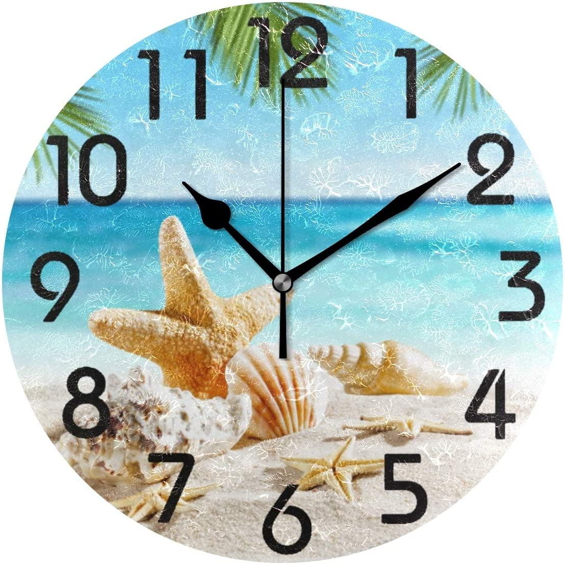Starfish on The Beach Sand Wall Clock 9.5 Inch Non-Ticking Silent Clocks Round Bathroom Clock Battery Operated Quartz Analog Decorative Desk Clock for Living Room