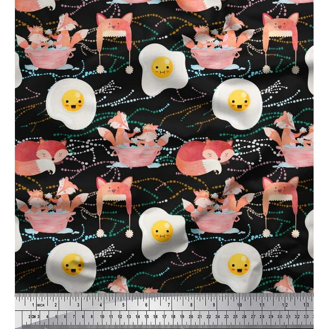 Soimoi Japan Crepe Satin Fabric Dot,Bathtub & Fox Cartoon Decor Fabric Printed Yard 42 Inch Wide