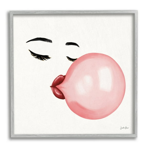 Stupell Industries Glamorous Face Blowing Bubble Gum Bold Lips Food & Beverage Painting Gray Framed Art Print Wall Art, 12 x 12