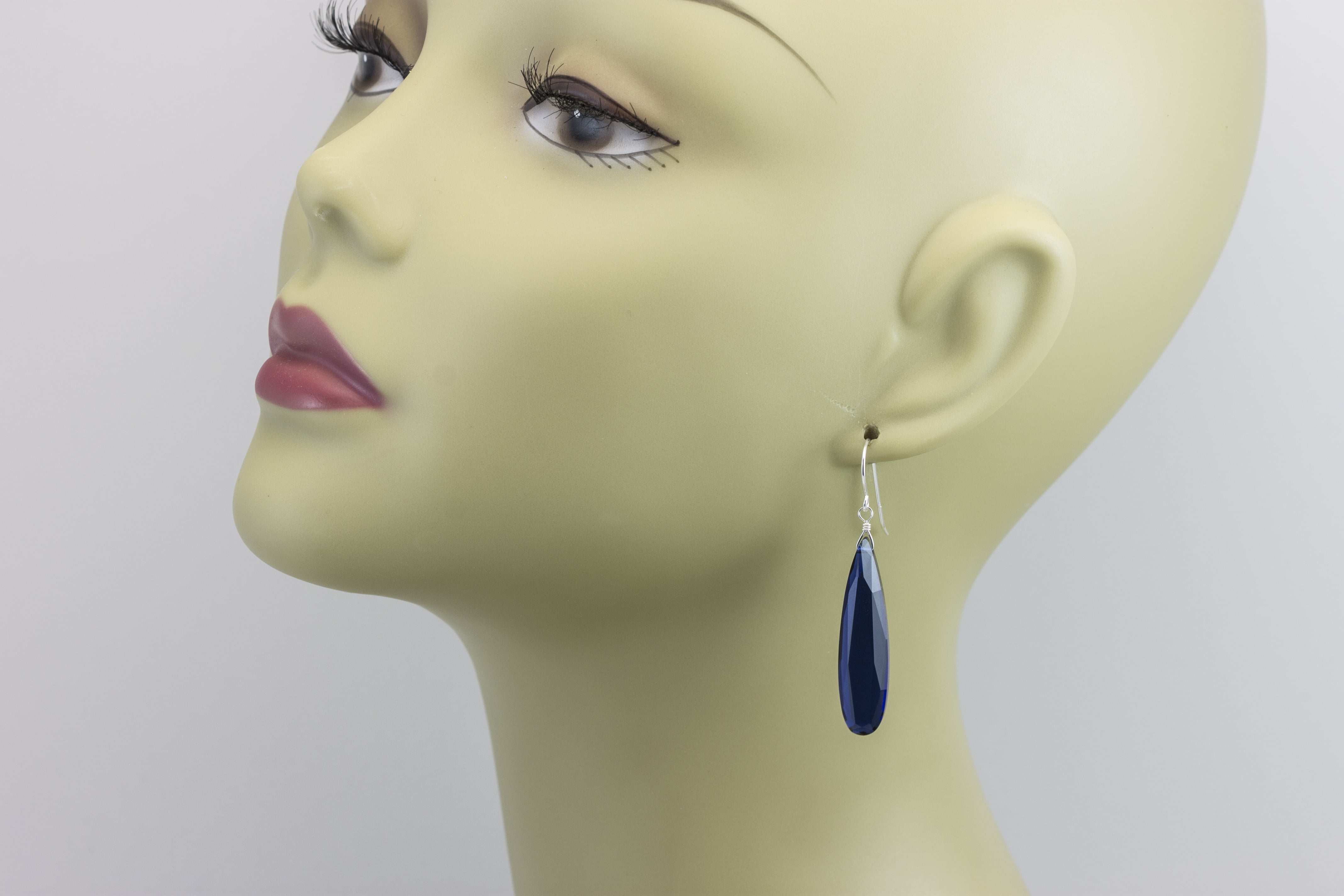Sapphire Earrings Dark Blue Bezel Double Long Faceted Teardrops 14k Solid Gold
