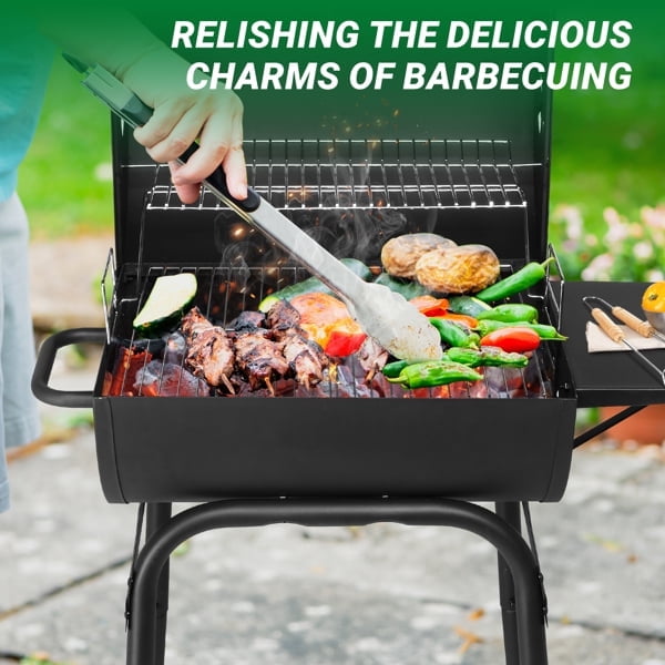 Barrel Charcoal Grill & Smoker - Adjustable Height BBQ with Side Table, Wheels & Thermometer - Powder Coated for Patio/Backyard/Camping