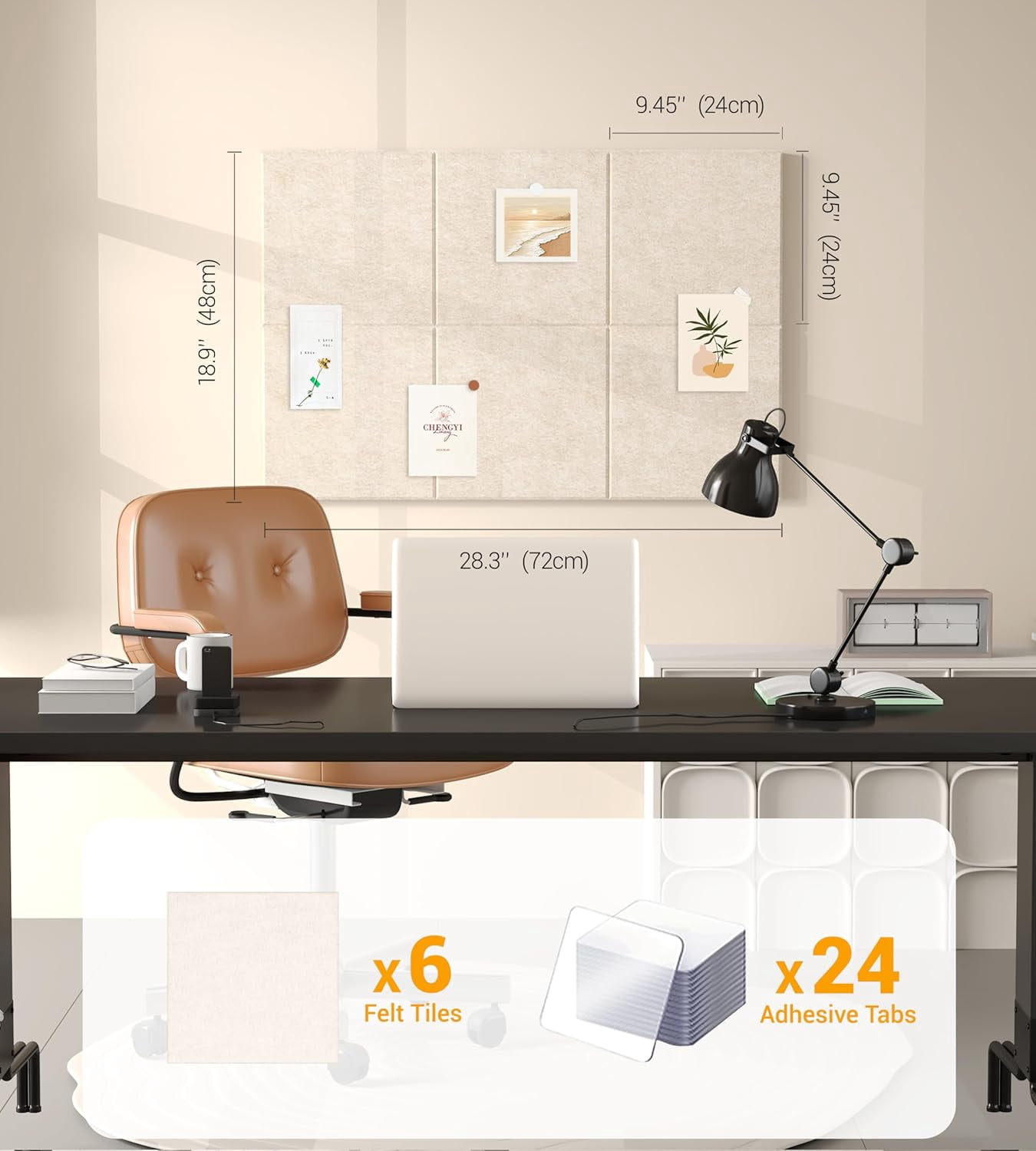 1/2" Thick Cork Board for Office, 6 Pack Felt Wall Tiles -28"x18" with Safe Adhesive Tabs, Large Bulletin Board, Push Pin Organizer - Beige