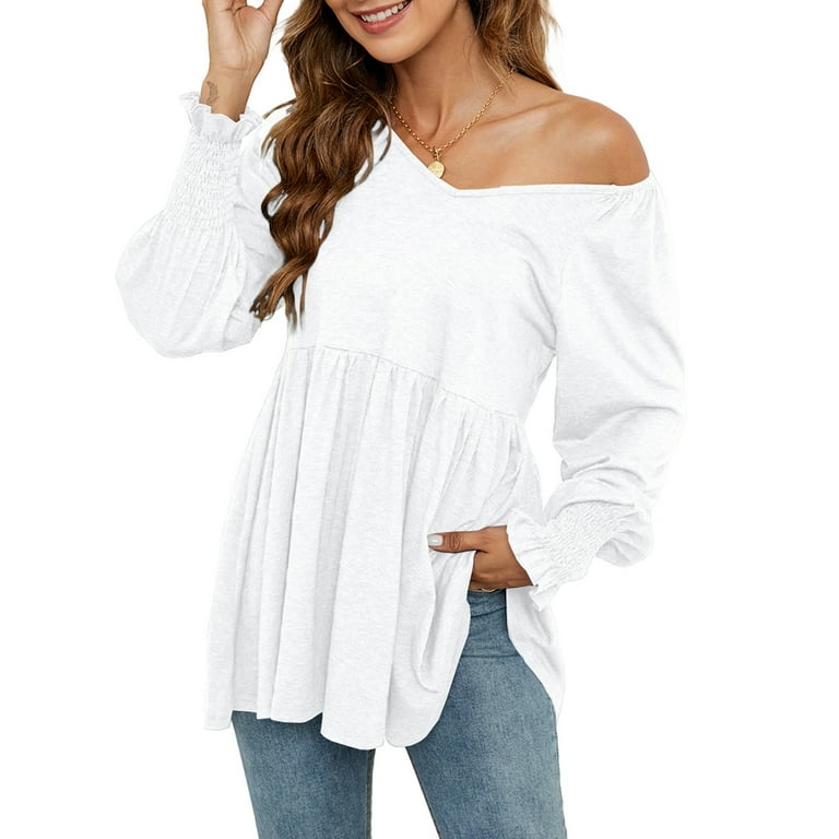 PEPLUM LONG SLEEVE TEE 38 ホワイト Womens Babydoll Shirts Ruffle Lantern Long Sleeve Peplum