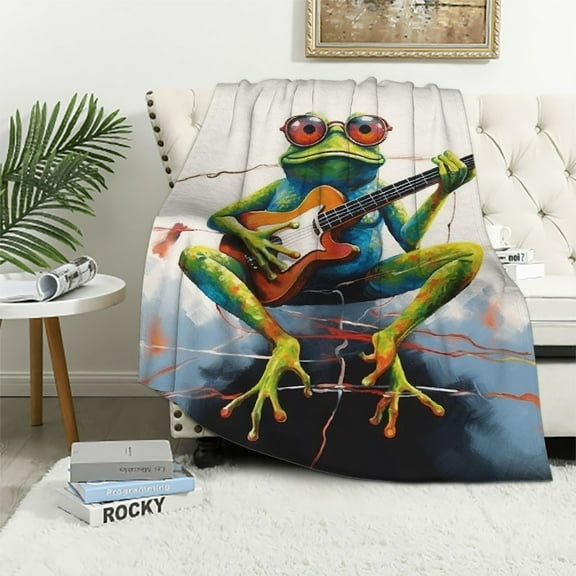 Pratyus Frog Glasses Guitar Flannel Throw Blanket for Sofa Couch Cozy Outdoor Travel Blanket, All Seasons Desk Chair Bed Blanket, Perfect Gift 40x50in
