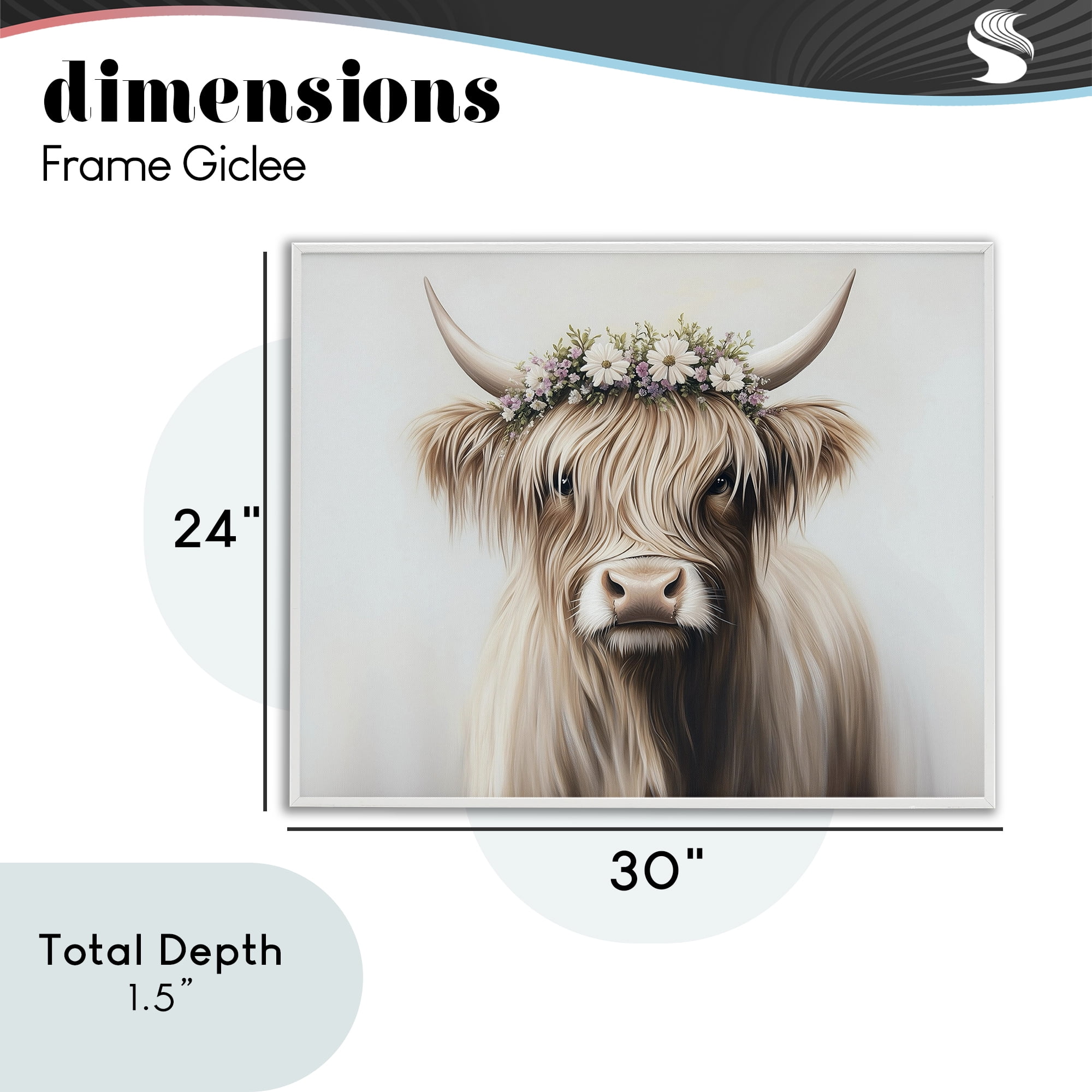 Shaggy Cattle Floral Crown White Framed Giclee Art, design by Shawna Stewart