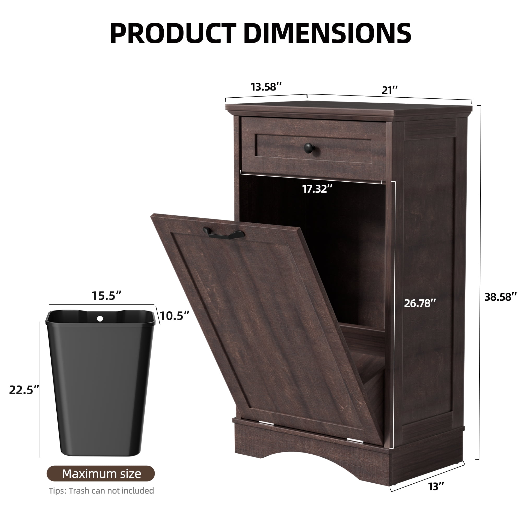 AHB 13 Gallon Tilt Out Kitchen Trash Cabinet with Drawer, Single Trash Can Storage Organizer, 20.9"L x 13.55"W x 38.5"H , Brown