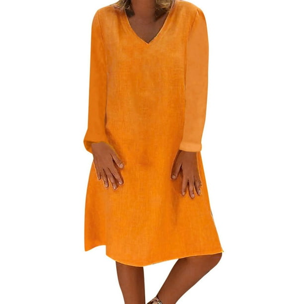 Vestidos Para Mujer Vestidos de Otoño Vestido de Lino de Algodón de Manga Larga Con Cuello en V Informal A La Moda Odeerbi ODB131676