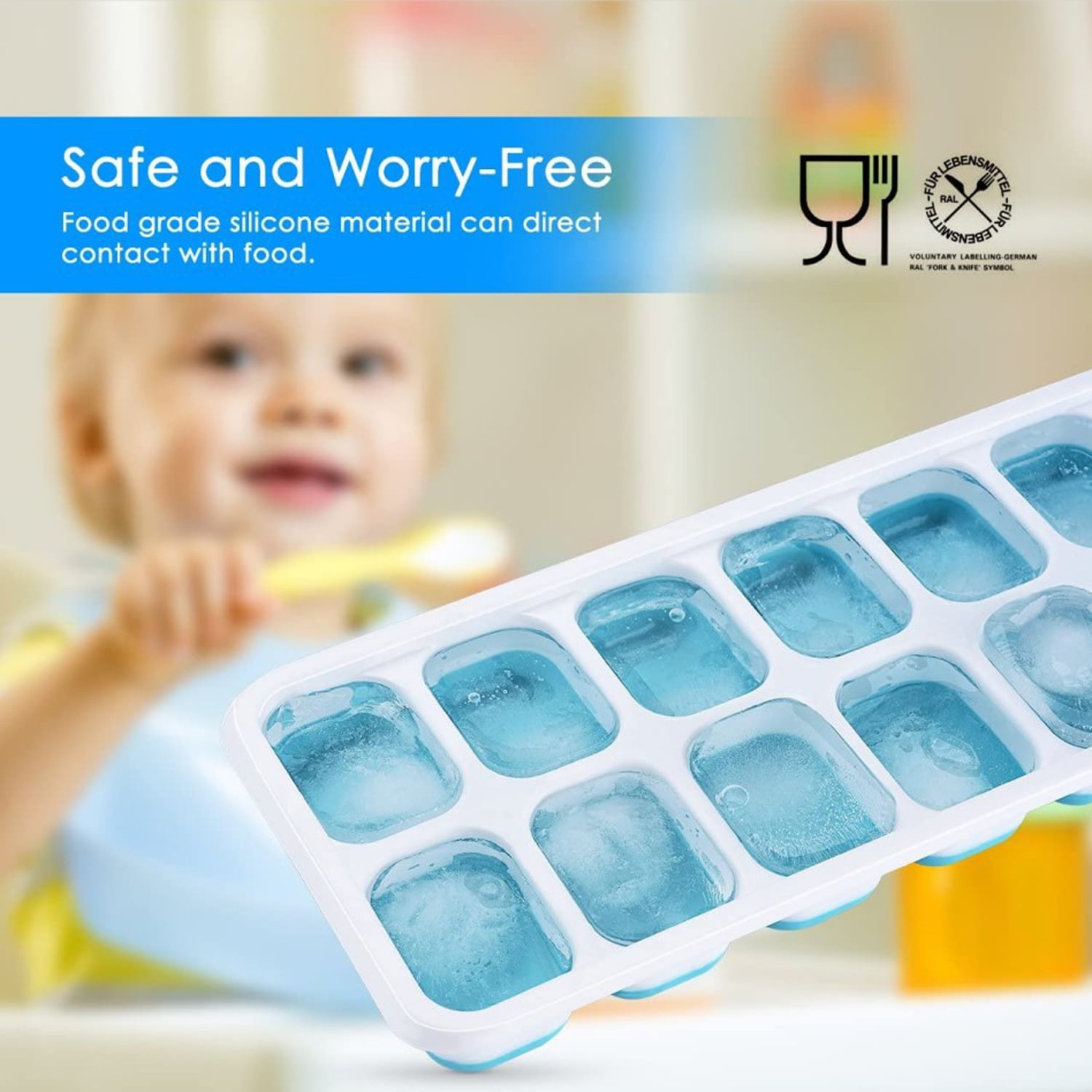 QUSUM Ice Cube Trays with Lid, Easy-Release Silicone & Flexible 15-Ice Cube Tray, Lfgb Certified and BPA Free, for Cocktail, Freezer, Stackable Ice