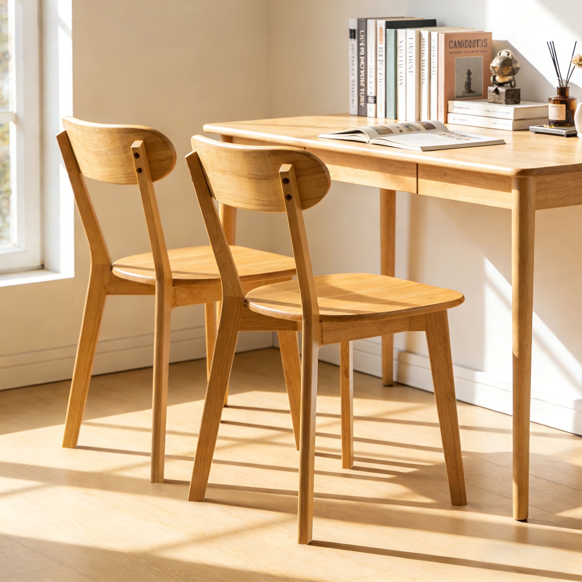 Leumius Dining Chairs Set of 2, Mid Century Modern Solid Wood Dining Chairs with Curved Backrest, Kitchen Chair with Adjustable Foot Pads for Dining Room Kitchen Living Room Study, Natural