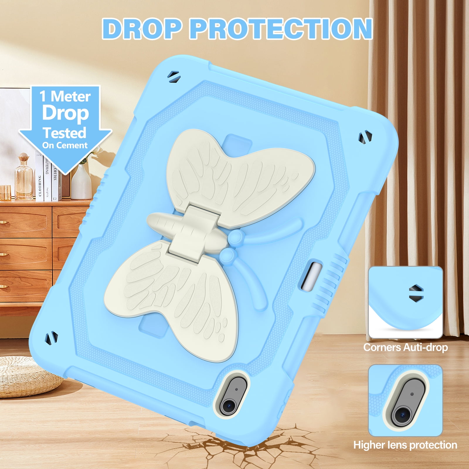For iPad A16 11th 10th Generation 2025/2022 Case, Rugged Hybrid Cover with Butterfly Wings Hidden Kickstand Pencil Holder Adjustable Shoulder Strap Drop Resistant Anti-Scratch Fashion Case,Blue+Beige