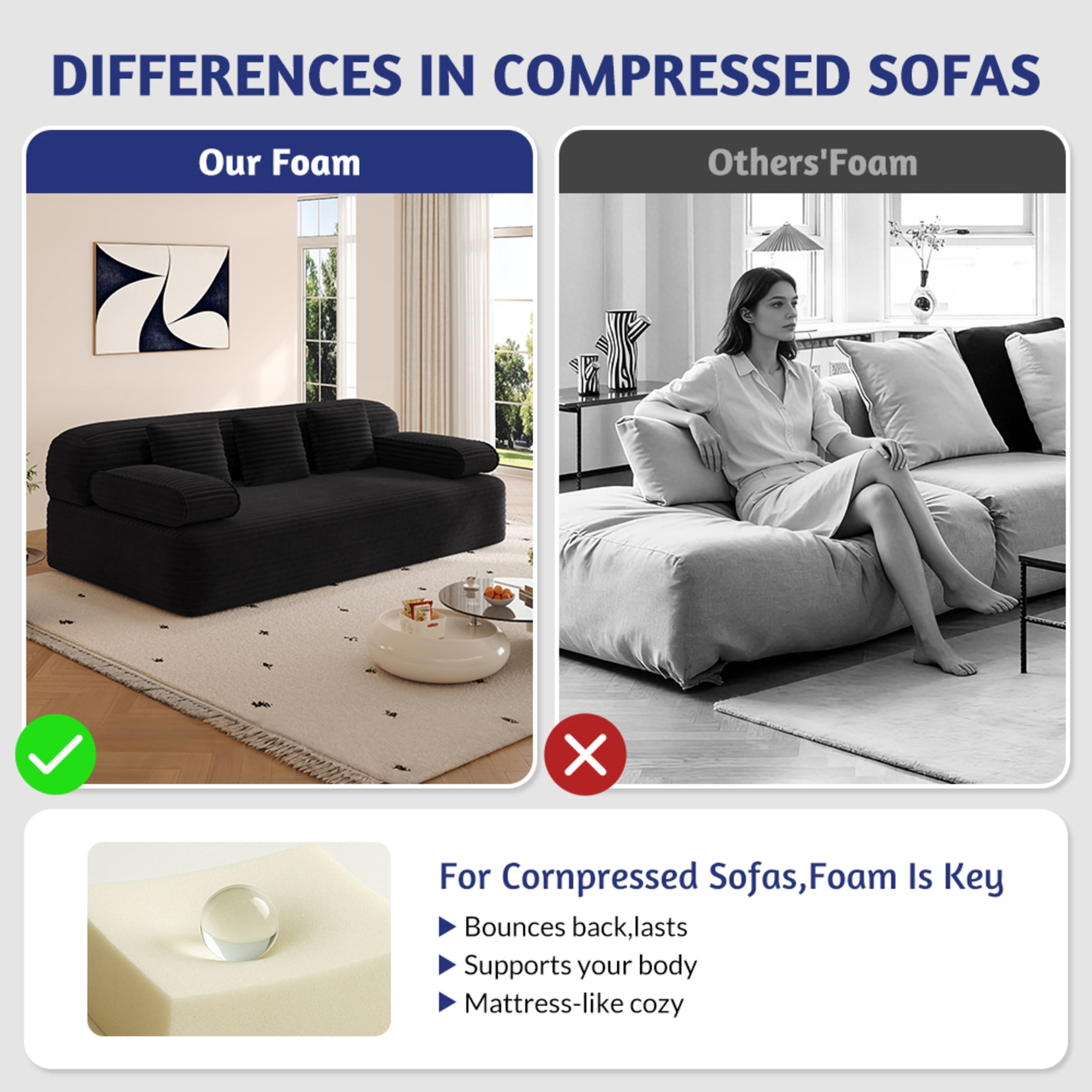 Noble House 79" Frameless Convertible Sofa Bed, 2-in-1 Corduroy 3-Seater Cloud Couch, Small Spaces, Apartments, Black