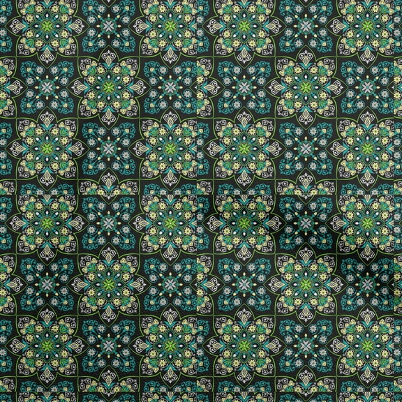 oneOone Cotton Flex Dark Green Fabric Asian Ornaments Floral Tile Sewing Material Print Fabric By The Yard 40 Inch Wide
