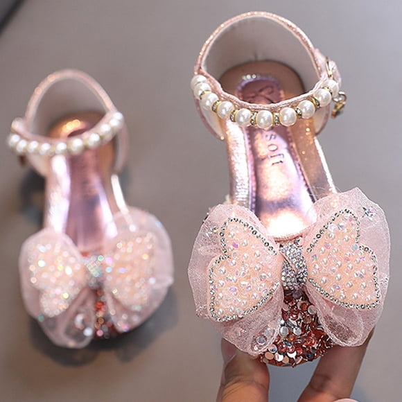 CHAOLEI Mode Printemps et Été Sandales pour Filles Fête Robe Danse Spectacle Chaussures de Princesse Strass Double Couche Maille Nœud Perle Boucle Ceinture - Rose, 4-4.5 Ans