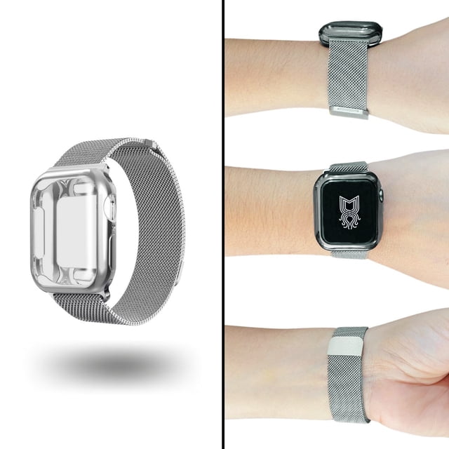 Correa metálica para apple watch + Case Protector de pantalla. Estilo Milanese.Tamaños: 44/42, 40/38 mm Mamá Pulpo Milanese mica completa