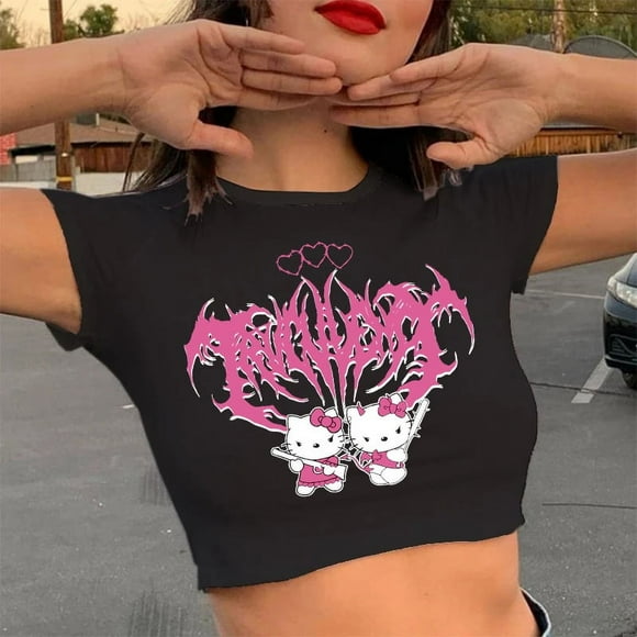 Hip Hop Gothic Crop Top Hello Kitty T-shirt Kawaii T Shirt Sanrio Casual Tshirt Clothes Y2k Cropped Tee Shirt Top