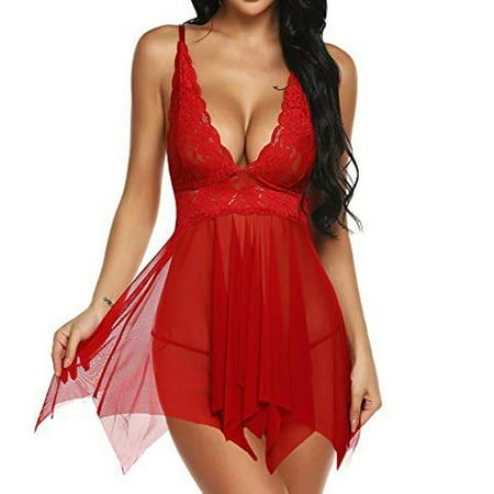 

Well Nightdress Women Erogenous Lace Babydoll Deep V Lingerie Mesh Sheer Strappy Irregular Hem Nightie Dress Nightwear Underwear red