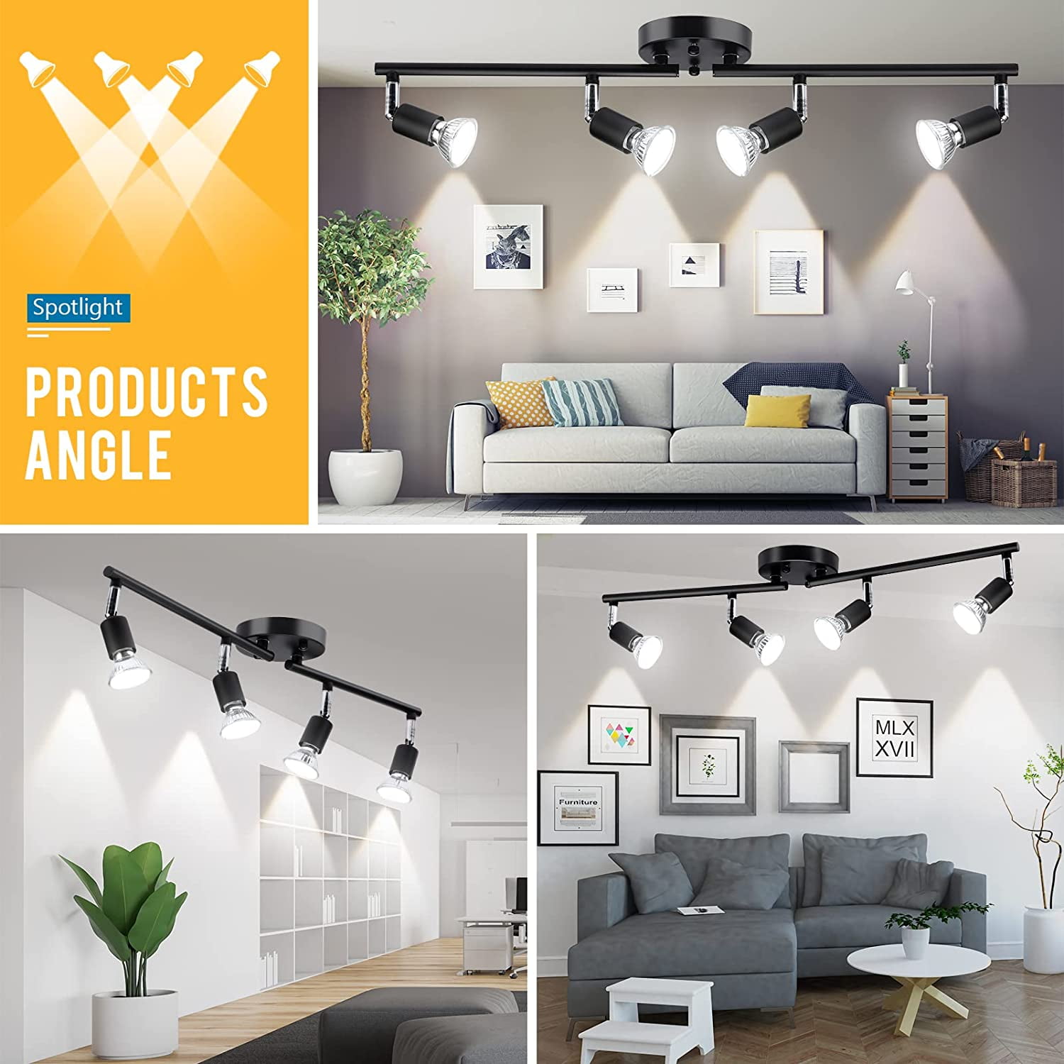Kit, 4 Head Foldable Ceiling Spot Light with GU10 Socket for Kitchen Hallyway Bedroom Fixture Directional Accent Lamp