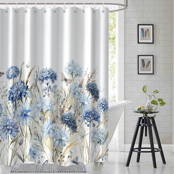 Blue Floral Shower Curtain, Watercolor Hydrangea Flower Shower Curtain for Bathroom Waterproof Fabric Shower Curtain Set with Hooks, 72x84 Inch