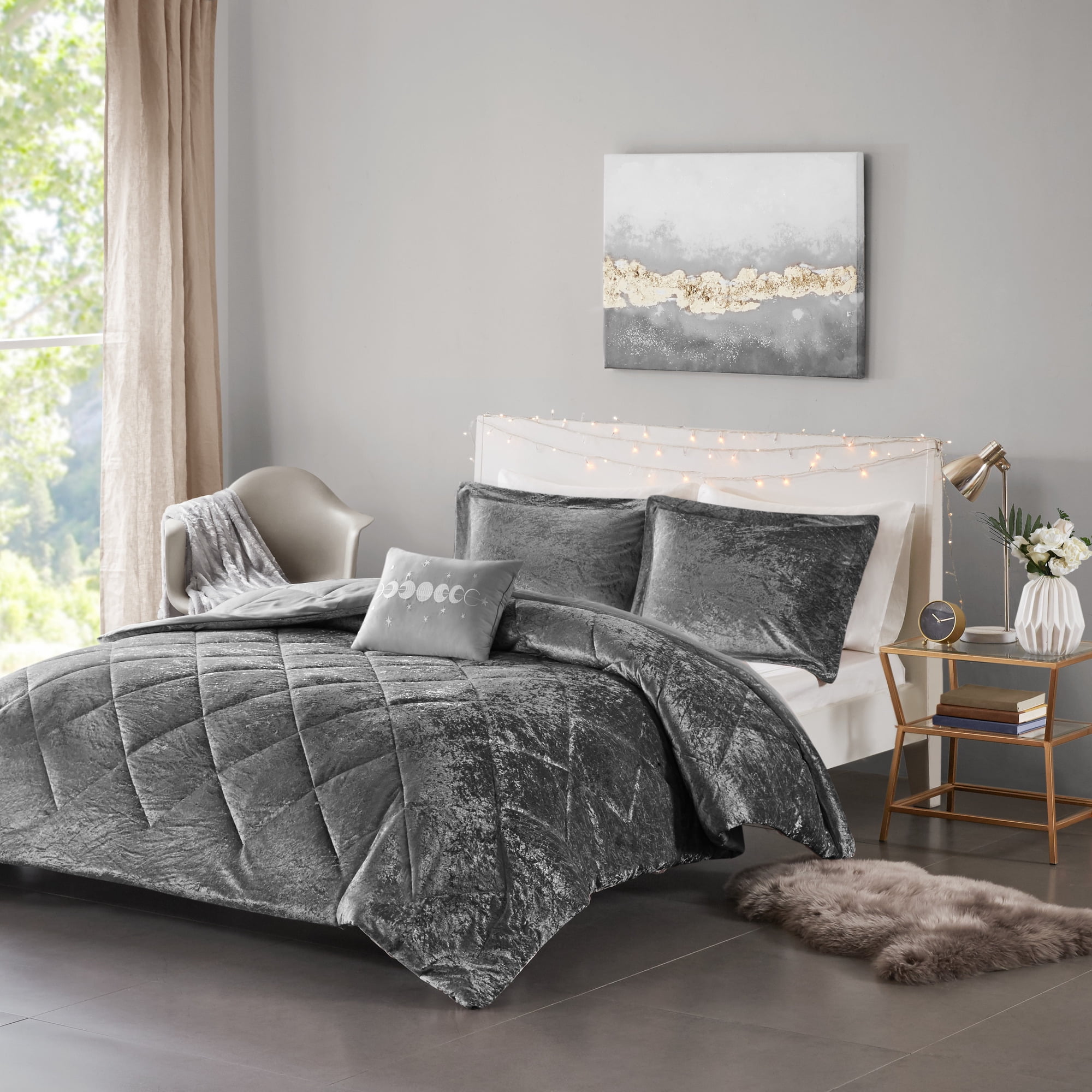 Home Essence Apartment Alyssa Gray Velvet 4 Piece Duvet Cover Set, Full/Queen