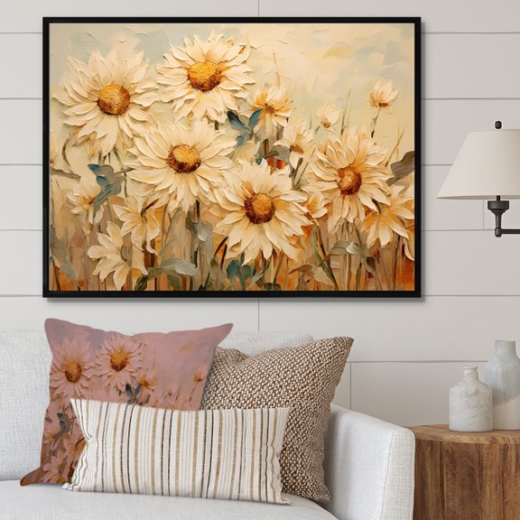 Designart "Beige Sunflower Bloom Minimalism I" Sunflowers Floater Framed Canvas Prints