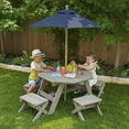 thumbnail image 2 of KidKraft Wooden Octagon Table, Stools & Umbrella Set, Kids’ Outdoor Furniture, Barnwood Gray & Navy, 2 of 6