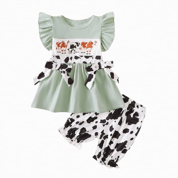 Xyant Toddler Western Baby Girl Summer Clothes Cattle Smocked Ruffle Sleeve Shirt Cow Print Ruffle Bloomer Shorts Cute Cowgirl Outfit (Green,2-3 Years)