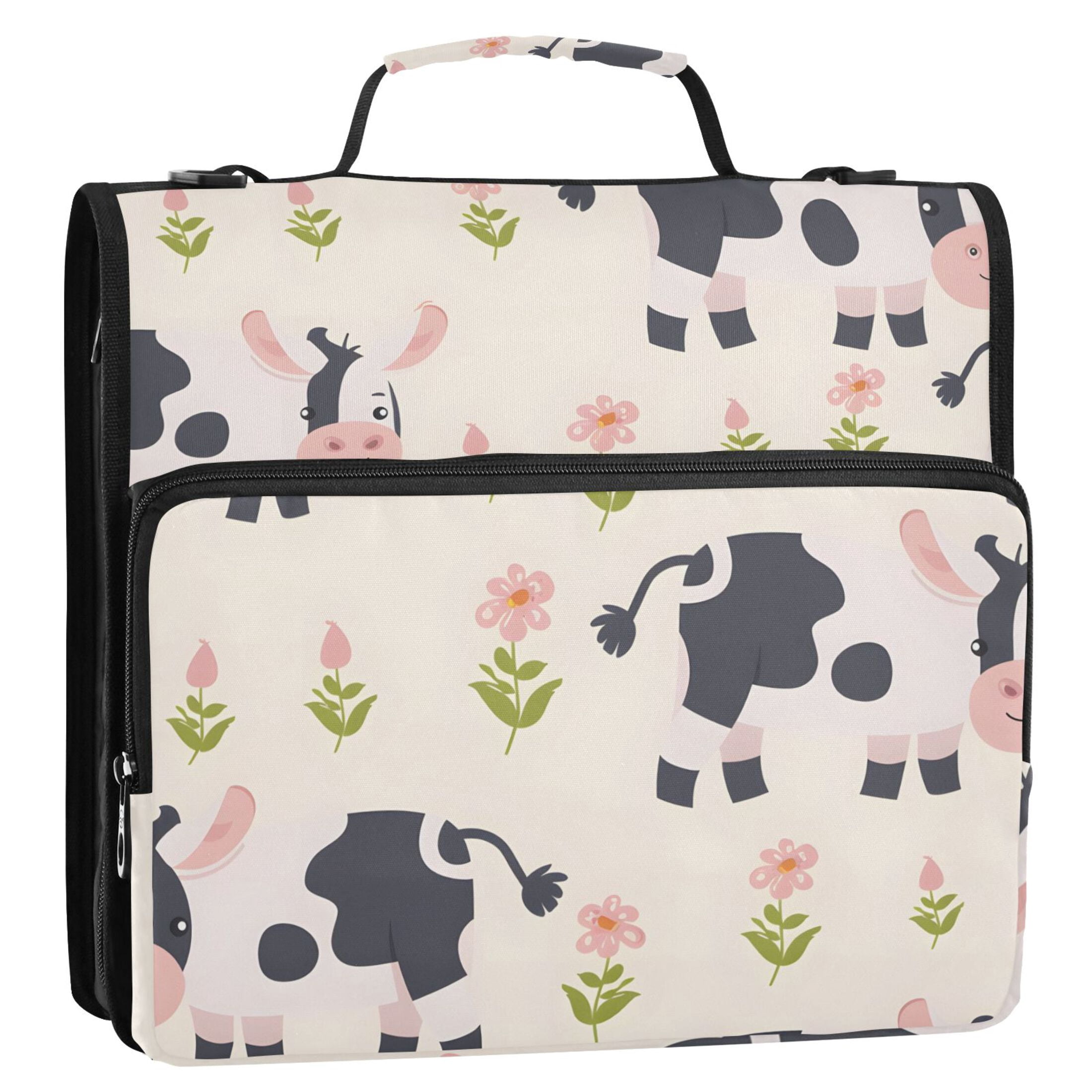 ALAZA Zipper Binder Cute Cartoon Cow Floral 3 Ring Trapper Keeper File Folder Organizer Bag