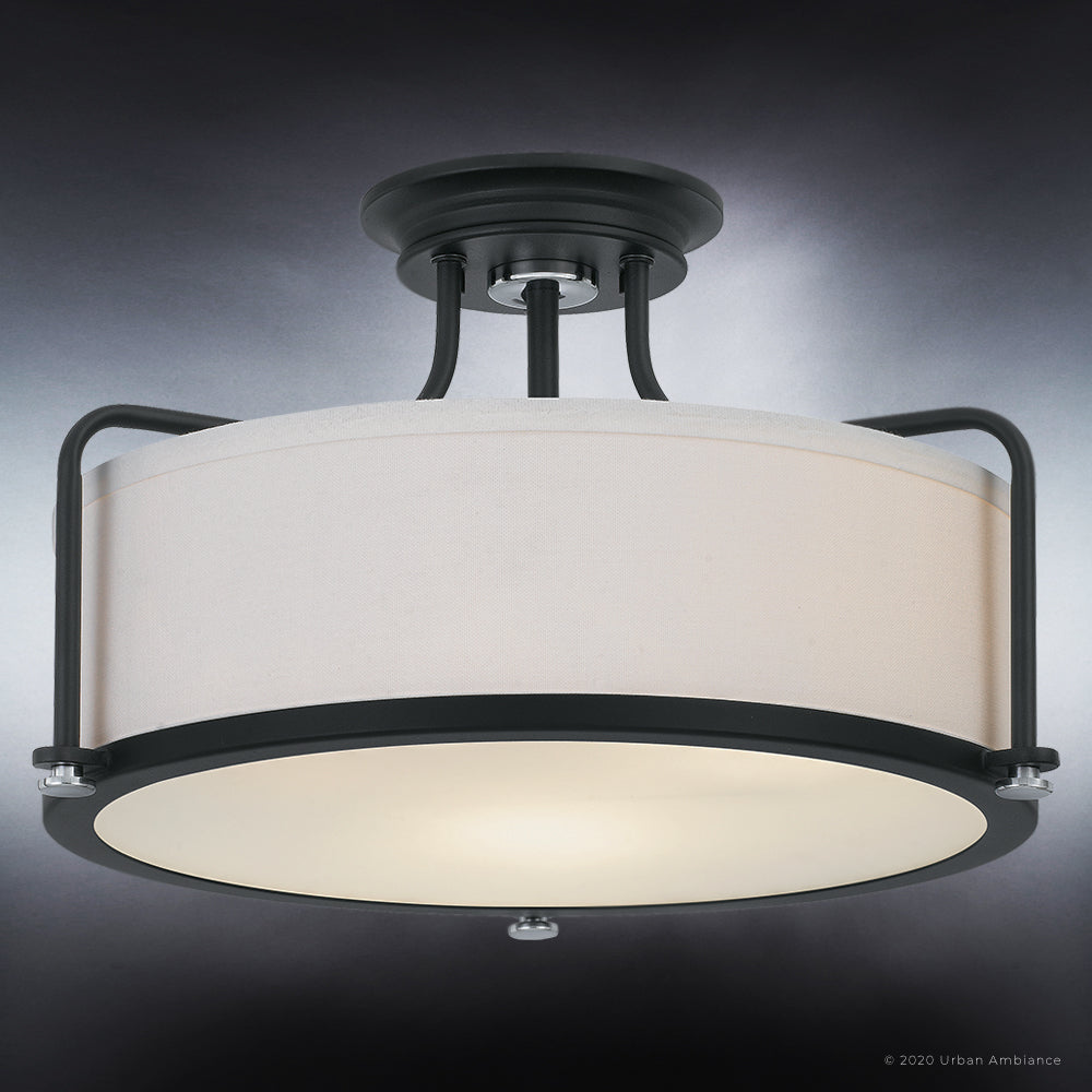 Luxury Minimalist Indoor Ceiling Light, 10.50''H x 17.50''W, with Modern Style Elements, Art Deco Design, Natural Black Finish and Eggshell Fabric, UQL3771