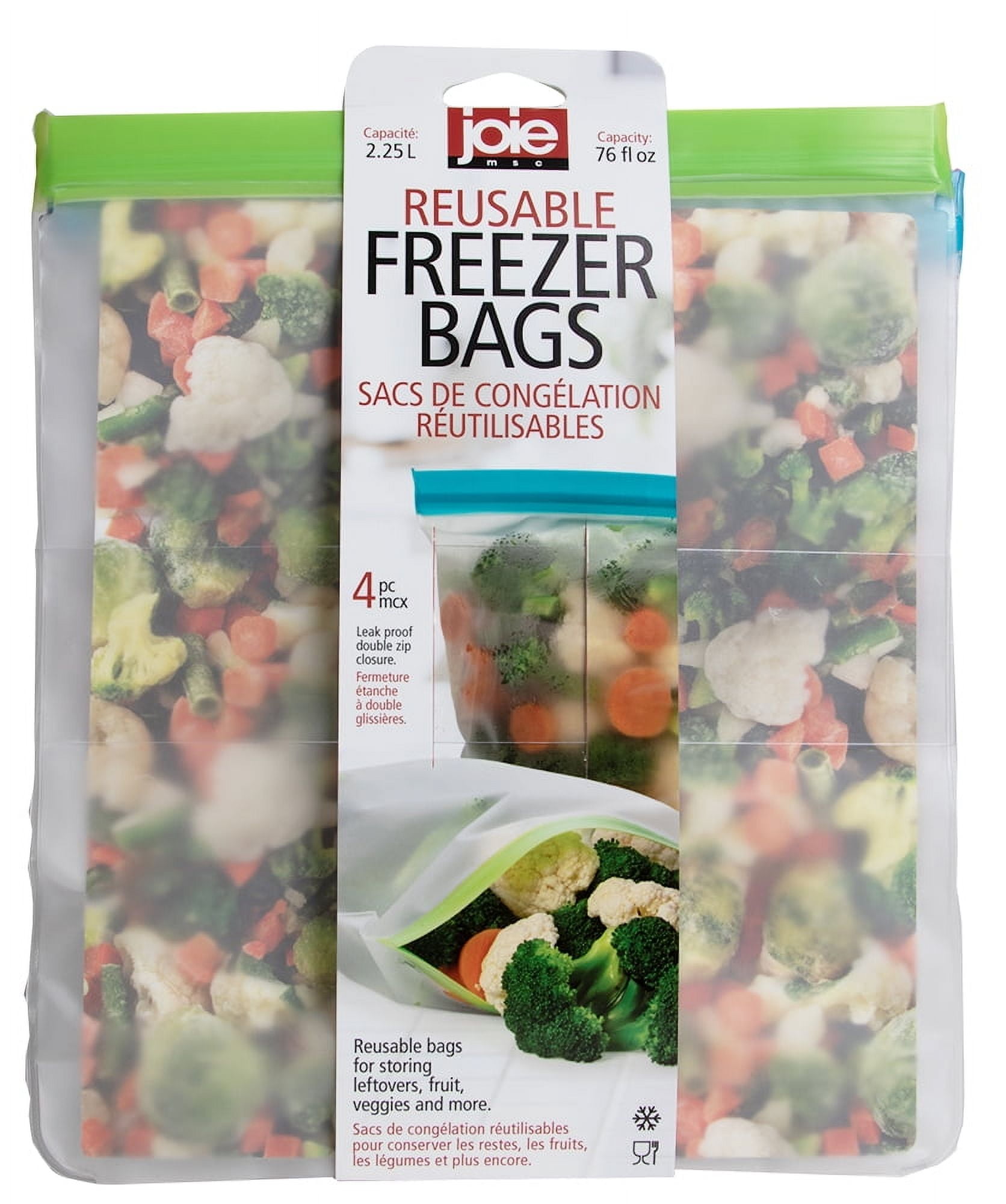 (3 pack) Joie Reusable Freezer Bags, Assorted Pack of 4, Double Zip Closure to Seal in Freshness. 76 fl oz.