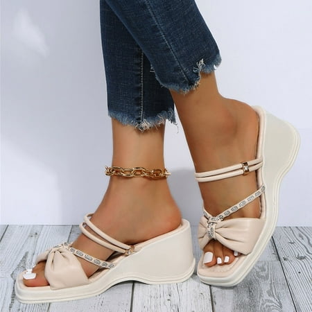 

〖Yilirongyumm〗 Beige 38 Sandals Women Fashion Spring And Summer Women Sandals Thick Bottom Rhinestone Bow Wedge Heel Open Toe