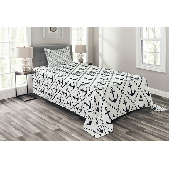 Ambesonne Geometric Quilted Bedspread Set 2 Pcs, Nautical Anchor Dots, Twin Size, Dark Blue White