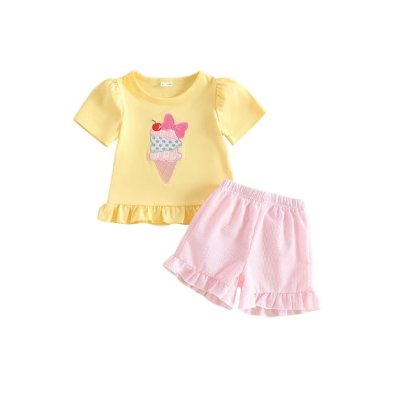 Cenuakty Toddler Girls Summer Outfit Ice Cream Embroidery Short Sleeve Crew Neck T-Shirt Matching Stripe Shorts Set