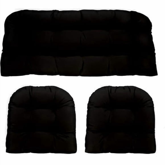 Rsh Decor Indoor Outdoor 3 Piece Tufted Wicker Settee Cushions 1 Loveseat & 2 U-Shape Weather Resistant - Choose Color (Black 2- 19""X19"" 1- 41""X19"") 3 Piece Set