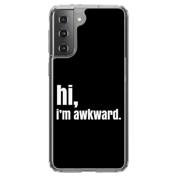 DistinctInk Clear Shockproof Hybrid Case for Galaxy S21 5G (6.2" Screen) - TPU Bumper, Acrylic Back, Tempered Glass Screen Protector - Black White "hi, I'm awkward."