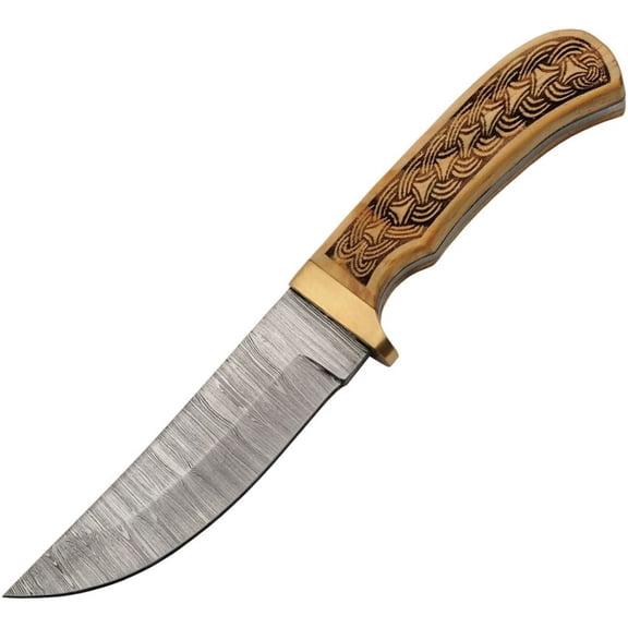 SANZ 8.5" Damascus Steel Outdoor Knife with Celtic Wood Handle and Leather Sheath