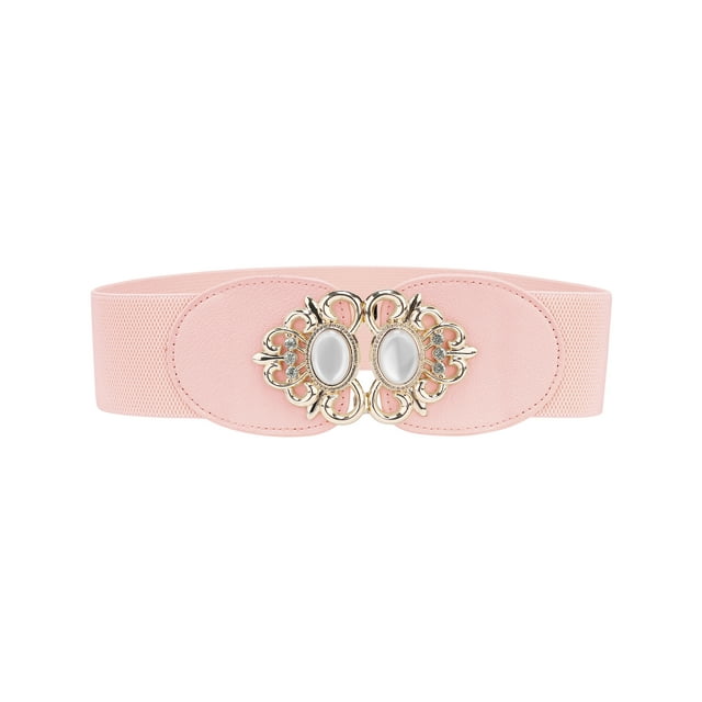 Cinturones elásticos INSPIRE CHIC de 2.36" de ancho, de cuero sintético con cuentas de ópalo y incrustaciones de strass, cinturón ajustable elástico para vestido de 66 cm/26" en color rosa