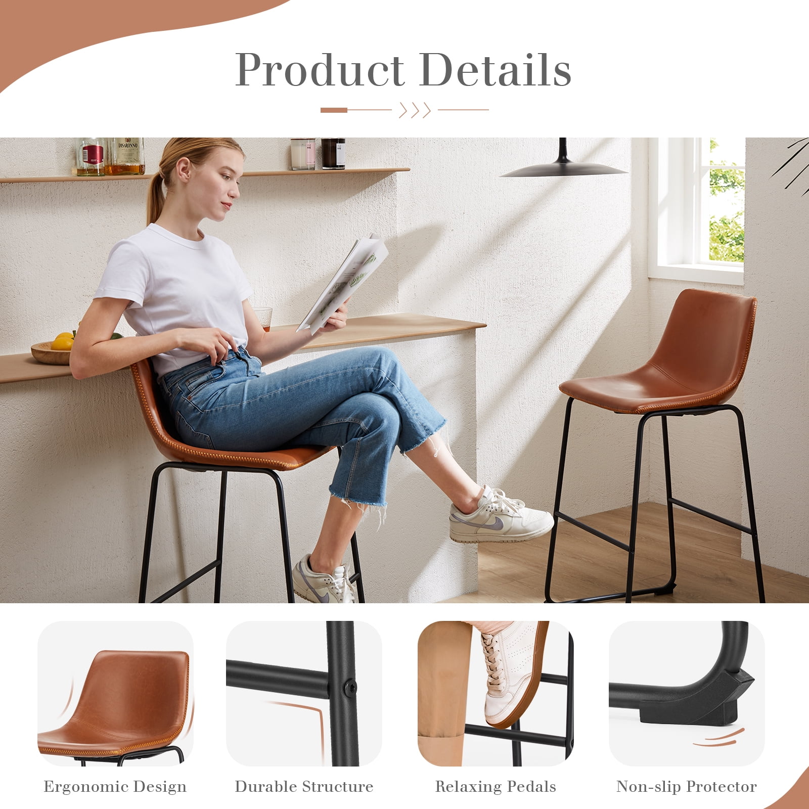 JOINSUN Set of 2 Modern Counter Stool, 30 inch Counter Height Bar Stools With Metal Legs, Footrest, Brown
