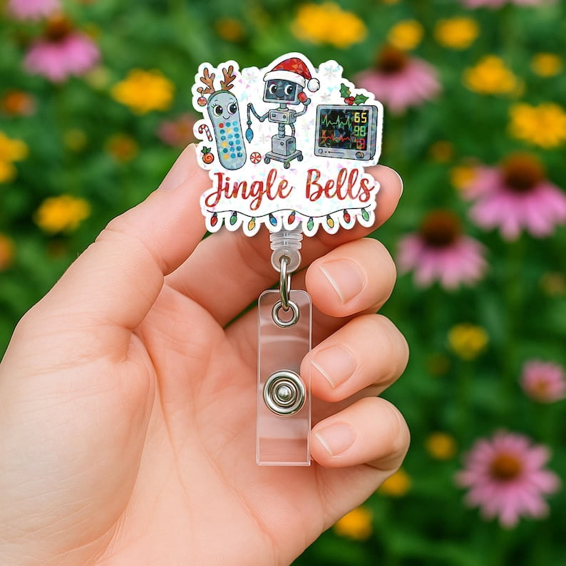 TiniDecor Jingle Bells Robot Nurse Badge Reel, Retractable ID Holder, Cute Christmas Gift for RN
