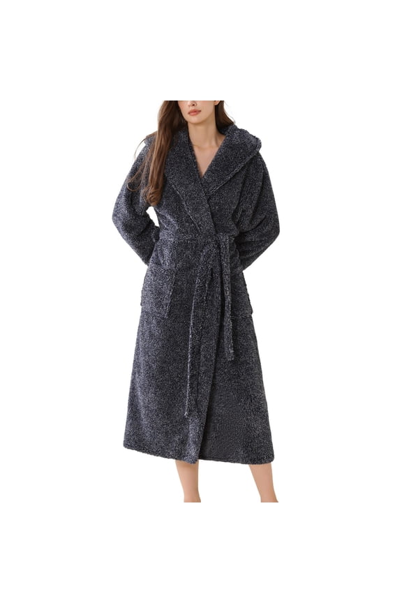 Women's Belt Fleece Bath Robe Comfy Home Calf Length Loungewear Chic Bathrobe Billowy Drop Shoulder Navy Small