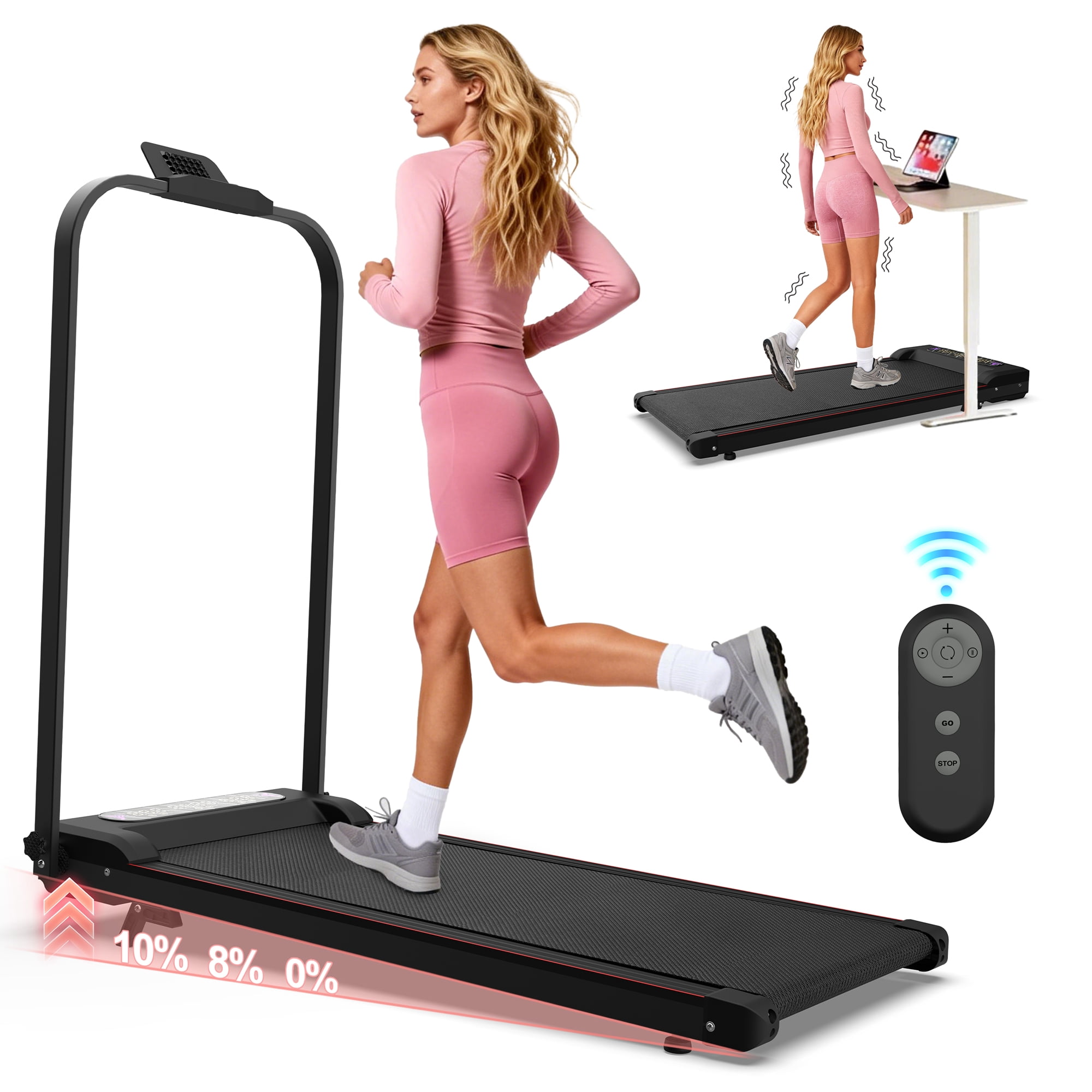 CZBZ Walking Pad Treadmill with Vibration Plate, 10% Incline, Handle Bar, 300LBS Capacity 3-in-1 Under Desk Treadmills for Home Office, Portable Foldable Jogging & Running Treadmill with Remote