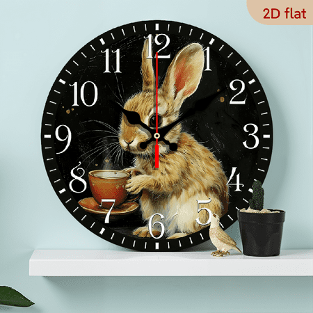 2D Flat 1pc 10Inch Putuo Decor 1pc Round Wall Clock Wooden Hanging Decoration with Rabbit, Coffee Elements, Wall Art Decor for Home Farmhouse Living Room Studio Pub Club Cafe Coffee Shop Office