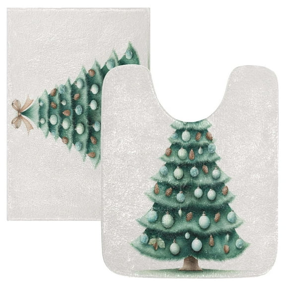 2 Piece Bath Mat Set with U-Shaped Toilet Mat and Rectangle Bath Rugs Non Slip Machine Washable Bathroom Mats Green Christmas Tree with Baubles