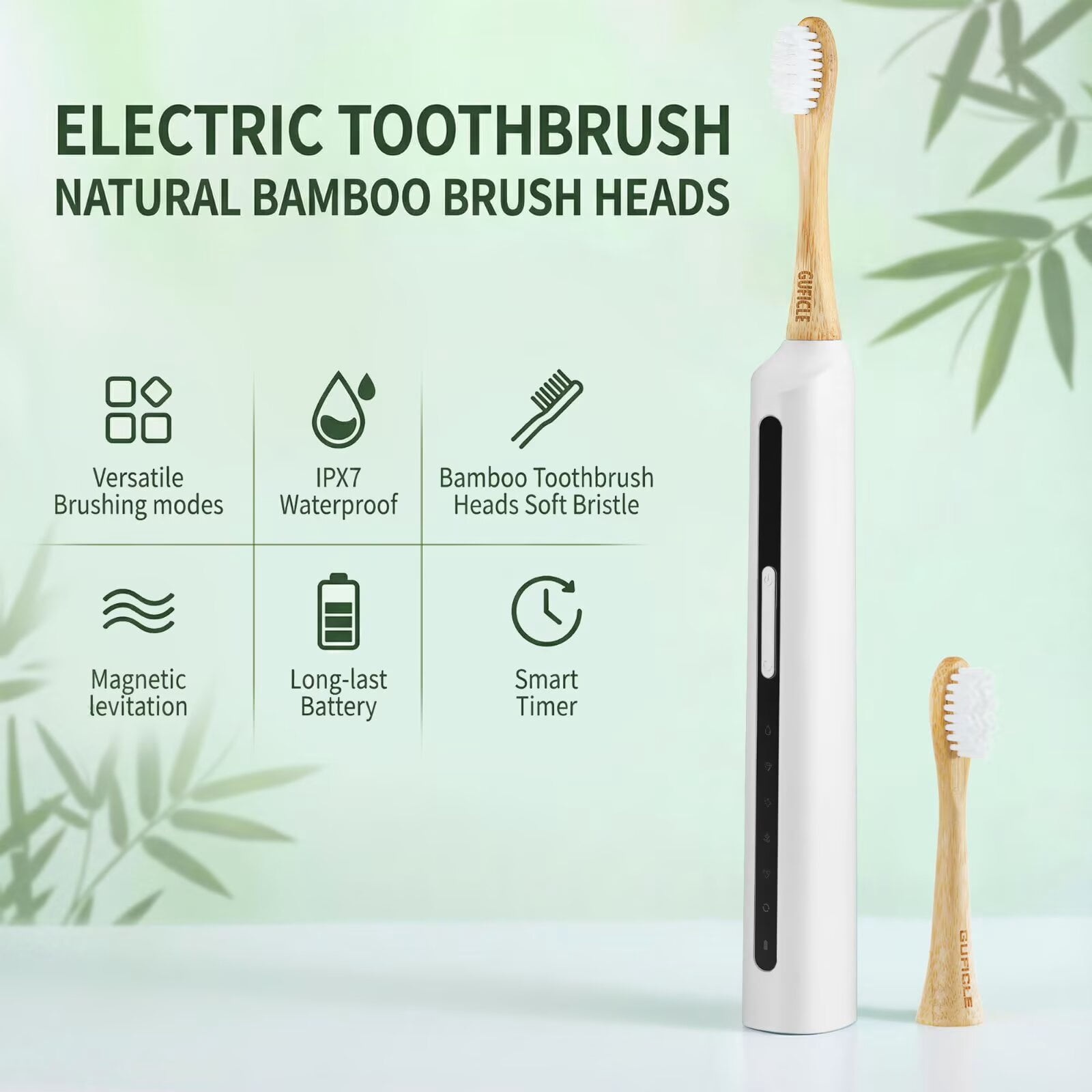 GUFICLE Sonic Bamboo Electric Toothbrush Set - 4 Biodegradable Heads, 5 Modes, Waterproof Zero Waste Sustainable Toothbrush, White