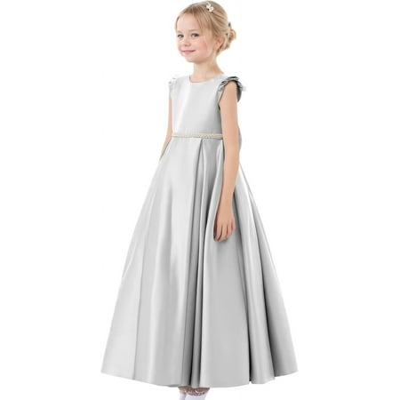 Drtj Satin Flower Girl Dress with Back Bow A-Line Princess Pageant Gown for First Communion Wedding & Party (2-16 Years)