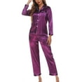 thumbnail image 3 of Women's 2 Piece Silk Pajama Set Summer Cool Silky Spring Satin Pj Set Fall Sleepwear Long Sleeve Button Down Collared Soft Lightweight Purple Medium, 3 of 5