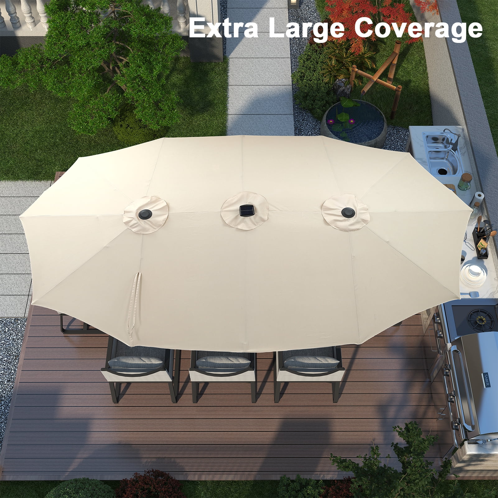 Ainfox 15ft Large Patio Umbrella with Solar Lights, Double-Sided Outdoor Rectangle Table Umbrellas with Sand Bag Base，Beige